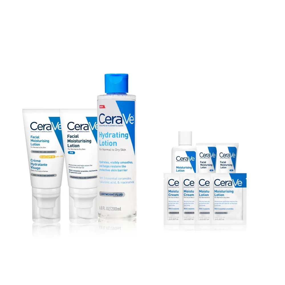 【CeraVe 適樂膚】極簡養膚清爽全配組★全效清爽修護防曬乳SPF50+全效超級修護乳+全效極潤修護精華水