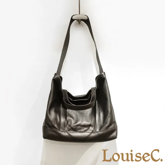 【LouiseC.】雙11 Tree House 超輕盈牛皮 中性大容量個性寬背帶 托特TOTE 手提側肩背大真皮包 黑色 CC5097-