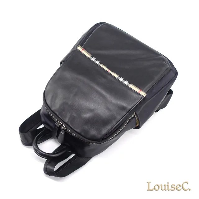 【LouiseC.】雙11 Tree House 質感牛津尼龍 牛皮 格紋布料飾片 收納手提後背防水包 黑色 YS25031-05