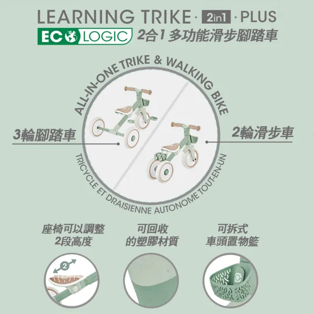 【GLOBBER 哥輪步】官方直營 LEARNING TRIKE 2合1 PLUS多功能滑步腳踏車-法式開心果(滑步車、三輪車)