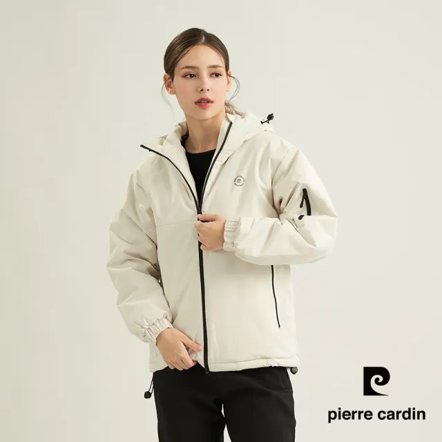 【pierre cardin 皮爾卡登】網路獨家 女款 保暖防風防潑水科技棉連帽外套-米色(8255761-81)