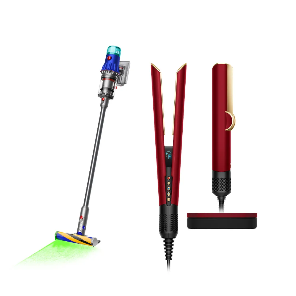 【dyson 戴森】HT01 二合一吹風直髮器(絲絨紅禮盒版) + V12 強勁輕量智慧無線吸塵器 (超值組)