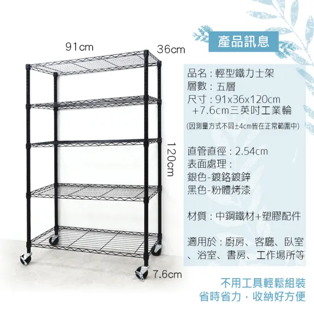 【yo-life】100%台灣製 五層置物架-贈工業輪-銀/黑任選(91x36x120cm)