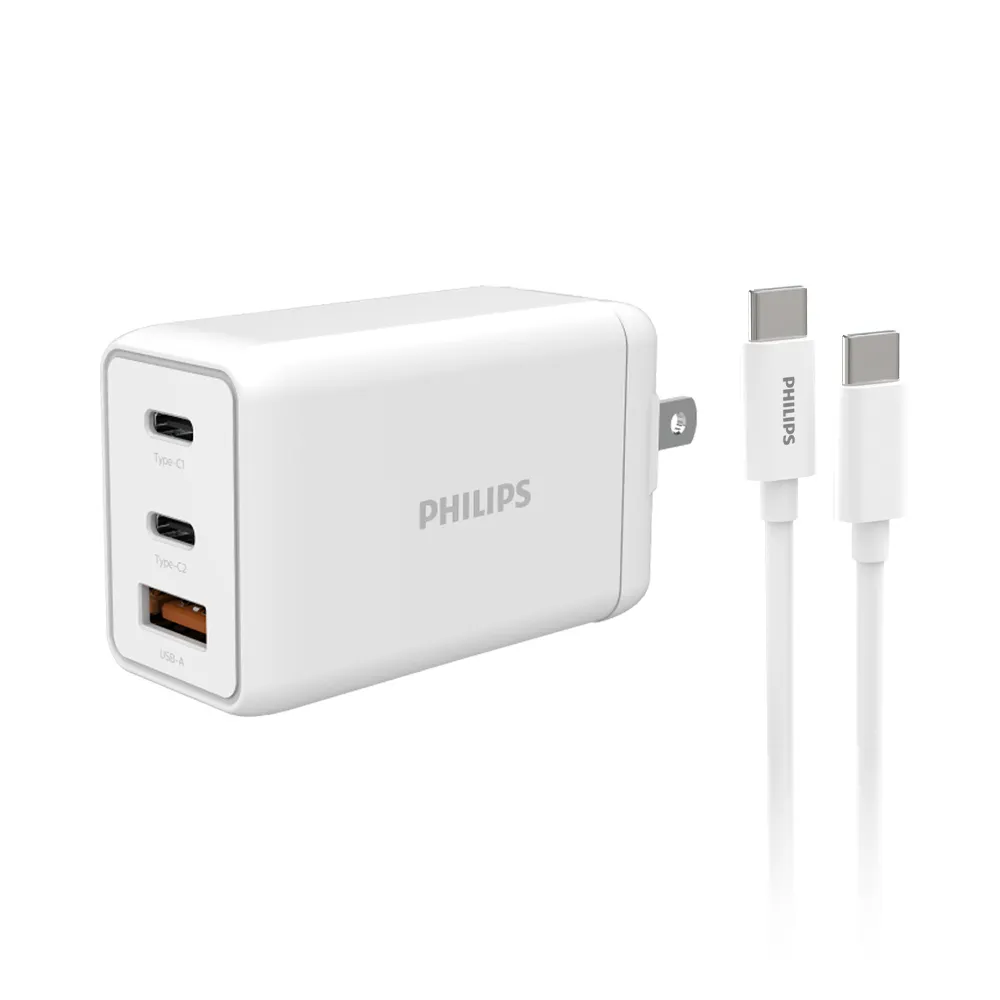 【Philips 飛利浦】65W GaN氮化鎵 TypeC USB PD/QC 3孔 快充充電器組(附TypeC傳輸充電線/DLP6341C/96-ST)