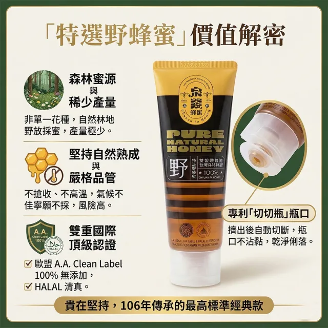 【CHYUANFA 泉發蜂蜜】特選野蜂蜜150gx4支+蜂膠金棗養聲珠1盒 台灣百年老店 雙11推薦 雙認證台灣森林蜂蜜