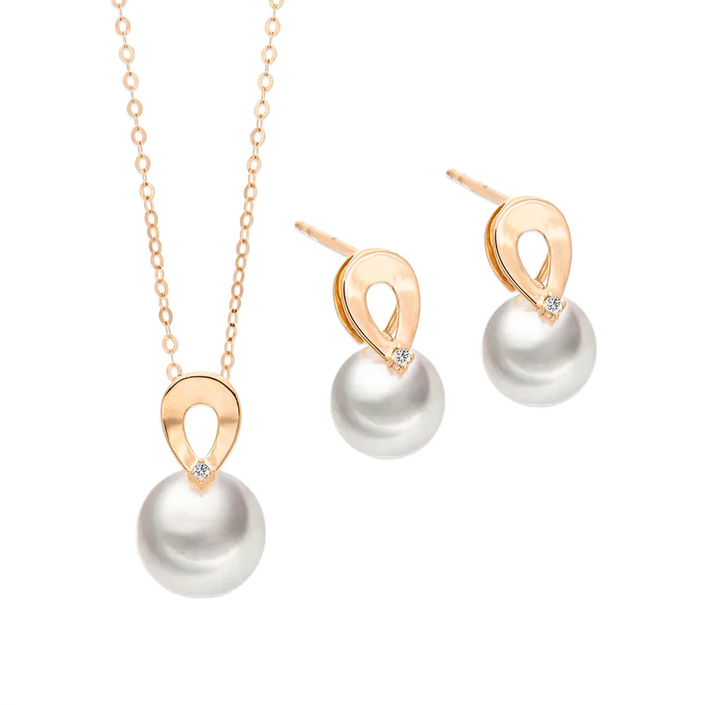 【JR.L JEWELRY】天然珍珠 潮映珠韻18K金天然鑽石珍珠套組(耳環7-7.5MM/項鍊8.5-9MM)