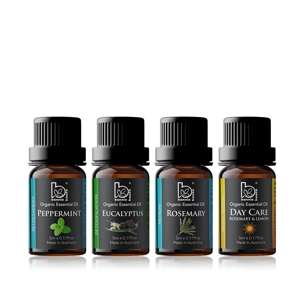 【Bonnie House 植享家】提神醒腦有機精油四入組(薄荷5ml+尤加利5ml+迷迭香5ml+日間5ml)