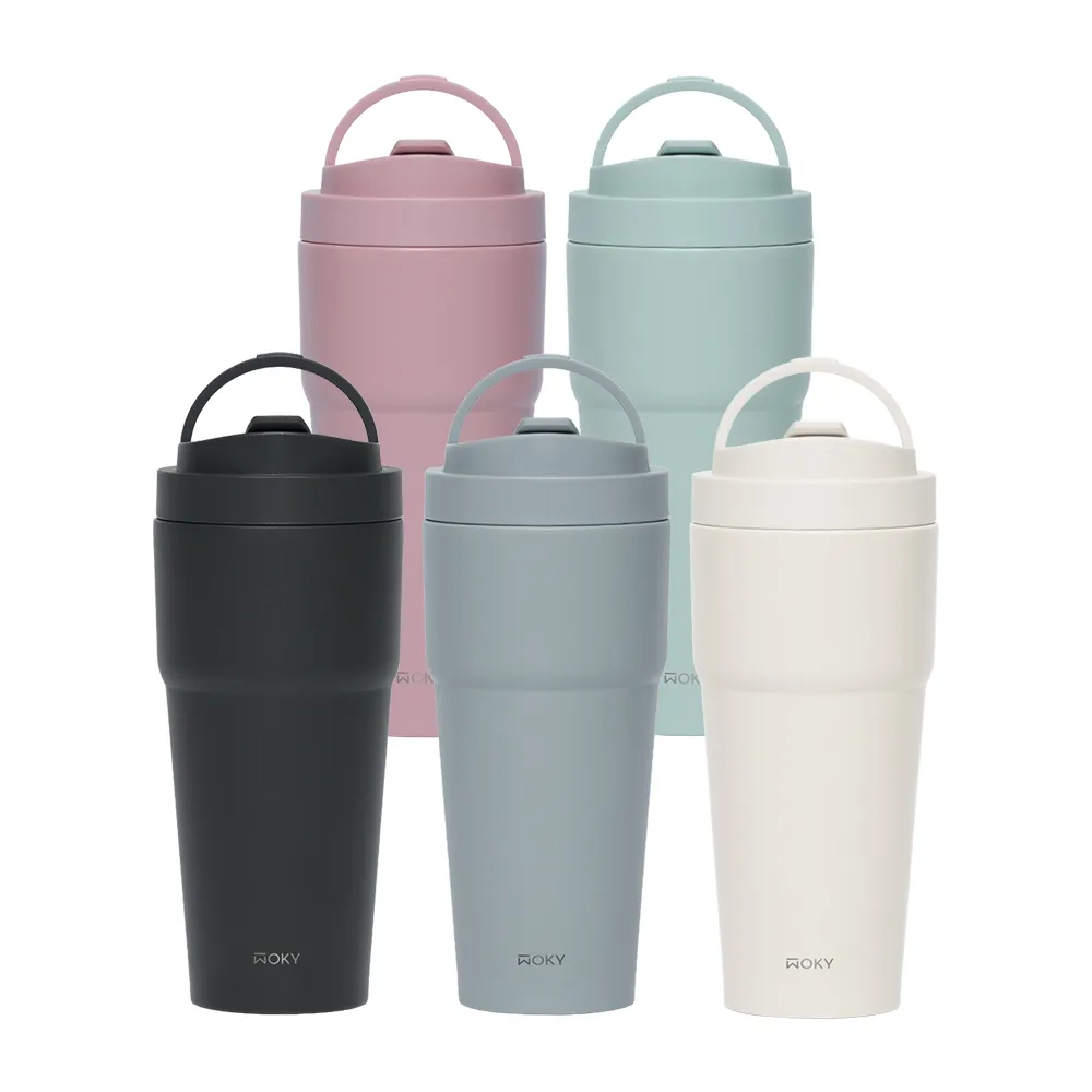 【WOKY 沃廚】2入 渾圓杯 鈦陶瓷款770ml-附彈跳跟矽膠吸管(2.0上蓋；隨行杯/吸管杯/水壺/保冰保溫)