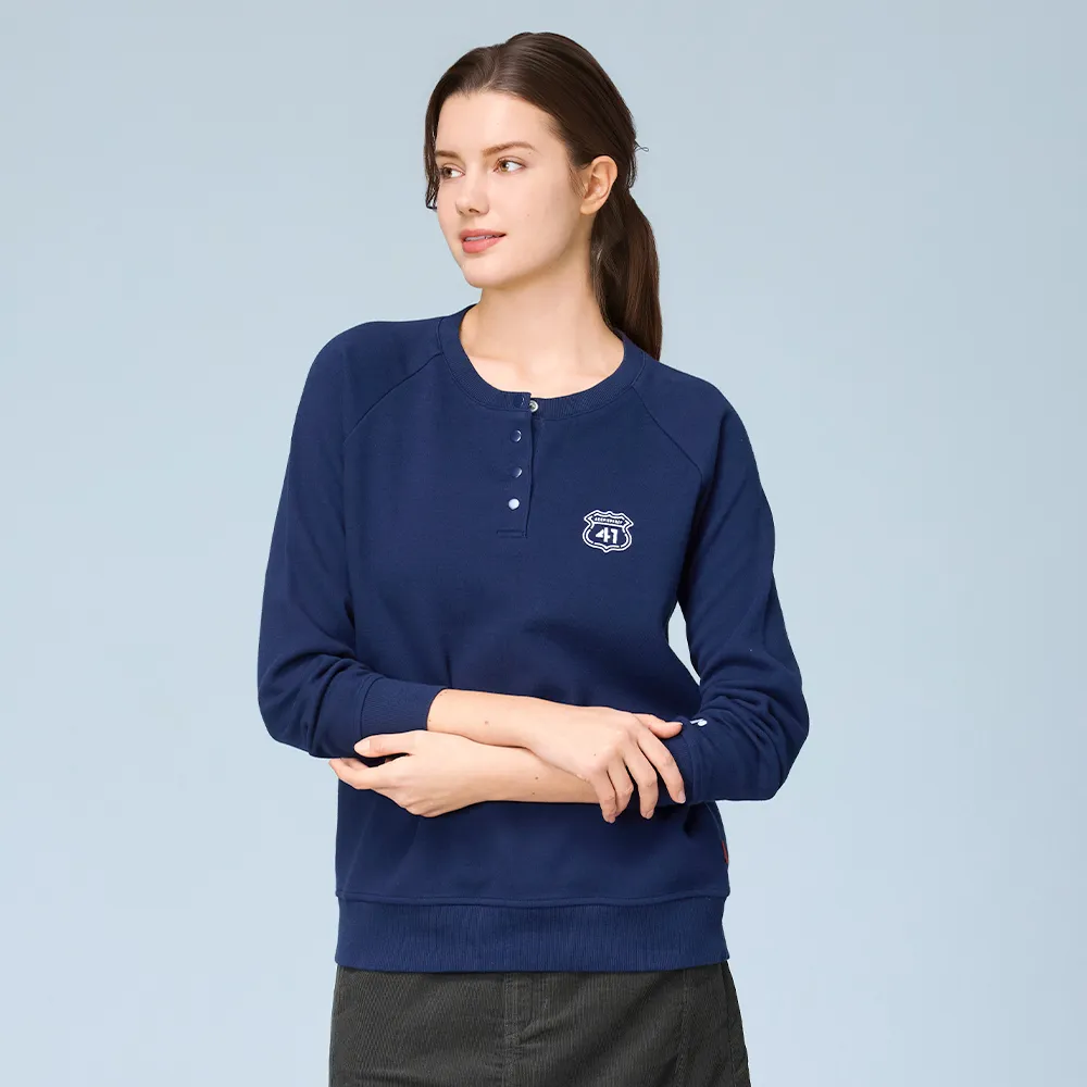 【JEEP】女裝 徽章造型半開襟長袖大學T(藍色)