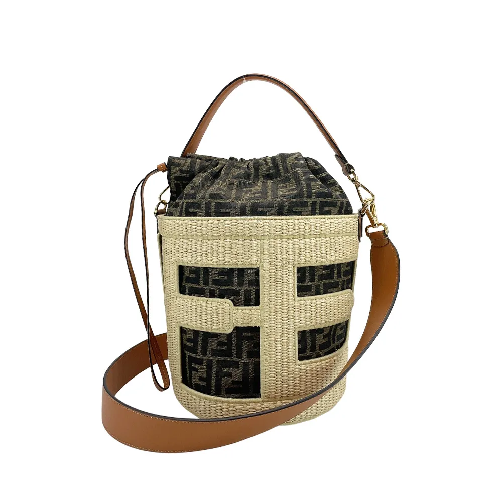 【FENDI 芬迪】Step Out 草編拚帆布二用手提肩背水桶包-中(8BT364-米)
