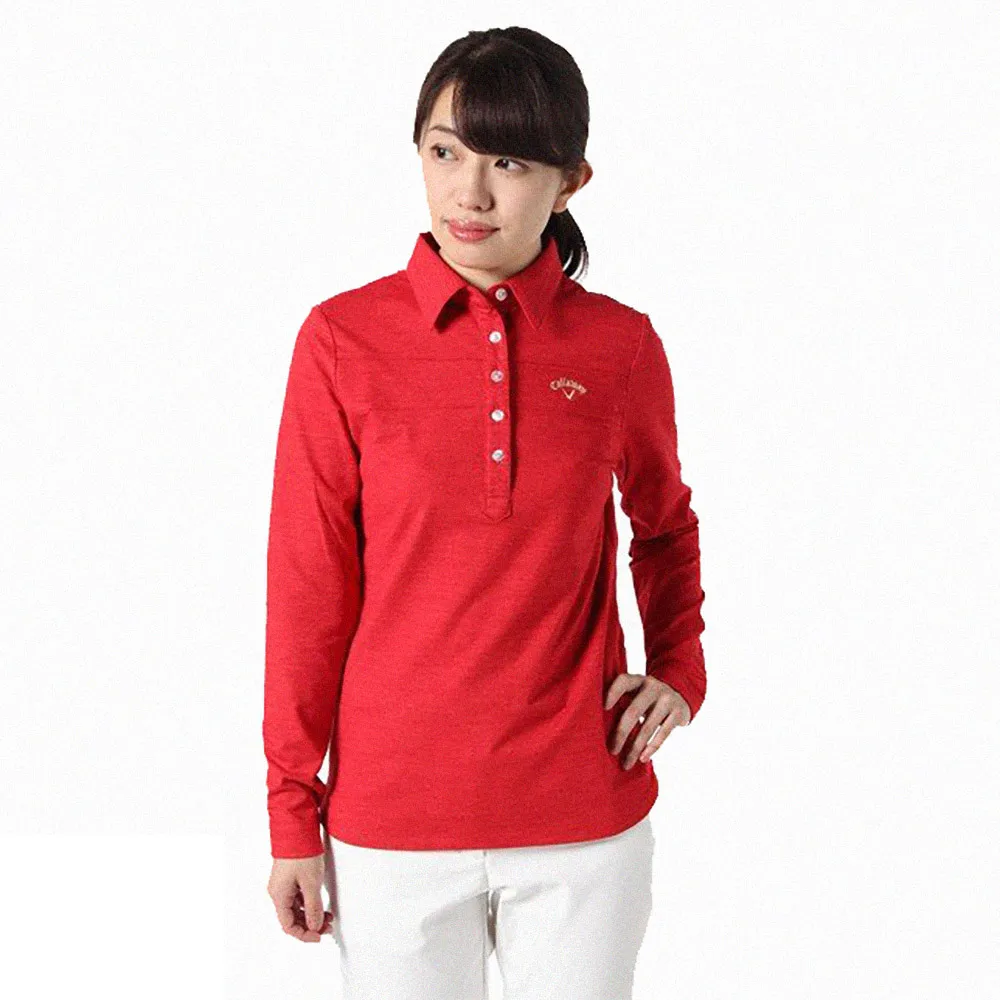 【Callaway 卡拉威】女 拉絨彈力長袖POLO衫/高爾夫球衫(紅)