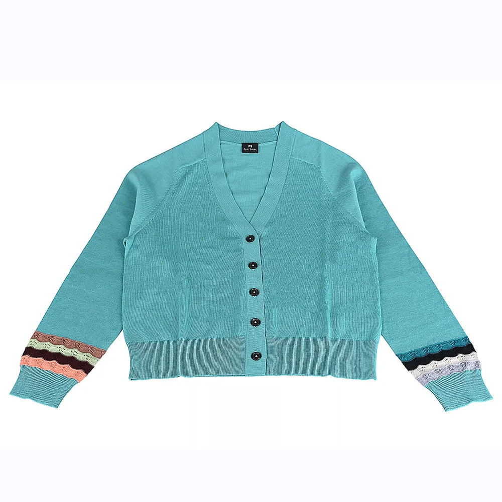 【Paul Smith】PAUL SMITH內標白字LOGO羊毛混紡5鈕釦多色花邊長袖口V領開襟衫(女款/綠藍)