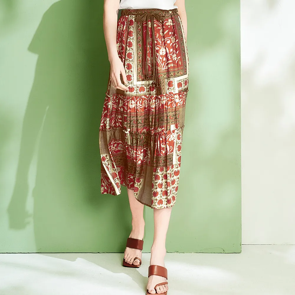 【TOWN’WEAR 棠葳】涼感波西米亞風長裙 - 附腰帶(女下身/女下著/裙子/腰頭彈性/涼感/休閒/氣質)