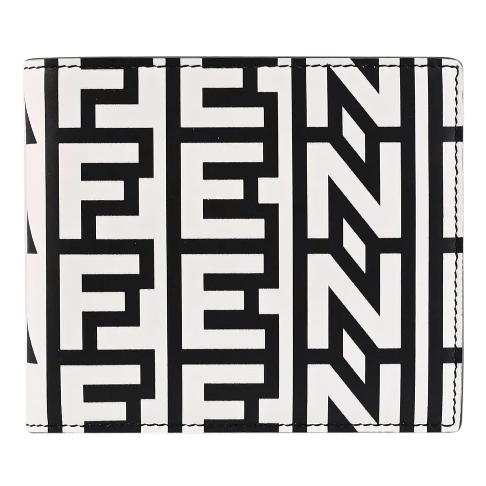 【FENDI 芬迪】經典滿版F LOGO印花牛皮對折8卡短夾(黑白)