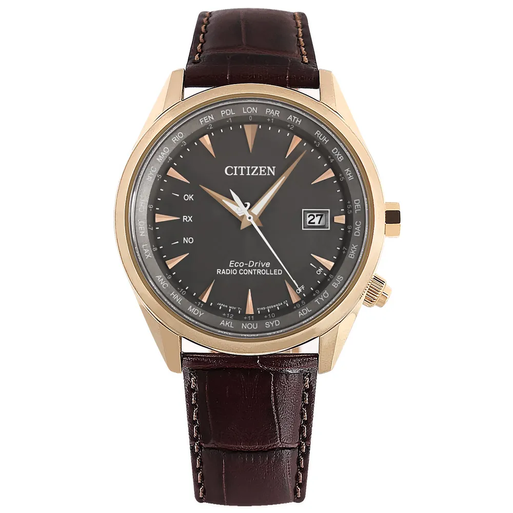 【CITIZEN 星辰】光動能 萬年曆 電波錶 日期 壓紋小牛皮手錶 灰x玫瑰金框x褐 43mm(CB0273-11H)