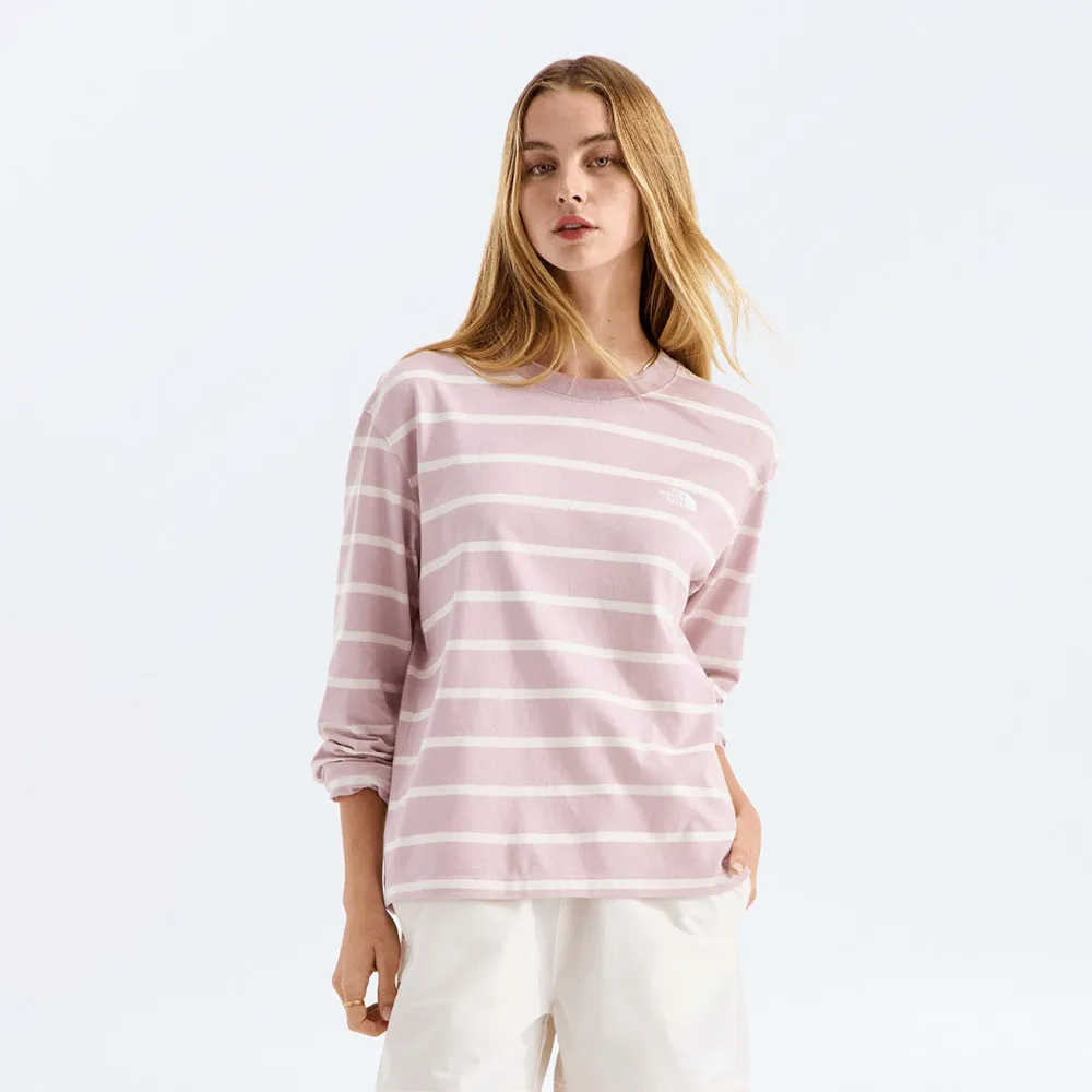 【The North Face】北臉 長袖上衣 女 條紋 寬鬆版型 W VISTA STRIPE LONG SLEEVE TEE 粉 NF0A8H7GUT9