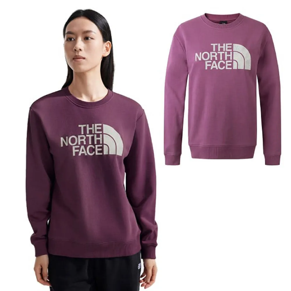 【The North Face】女 Logo 經典吸濕透氣棉質長袖圓領T恤.休閒套頭衫(8ASU-1NI 紫色)