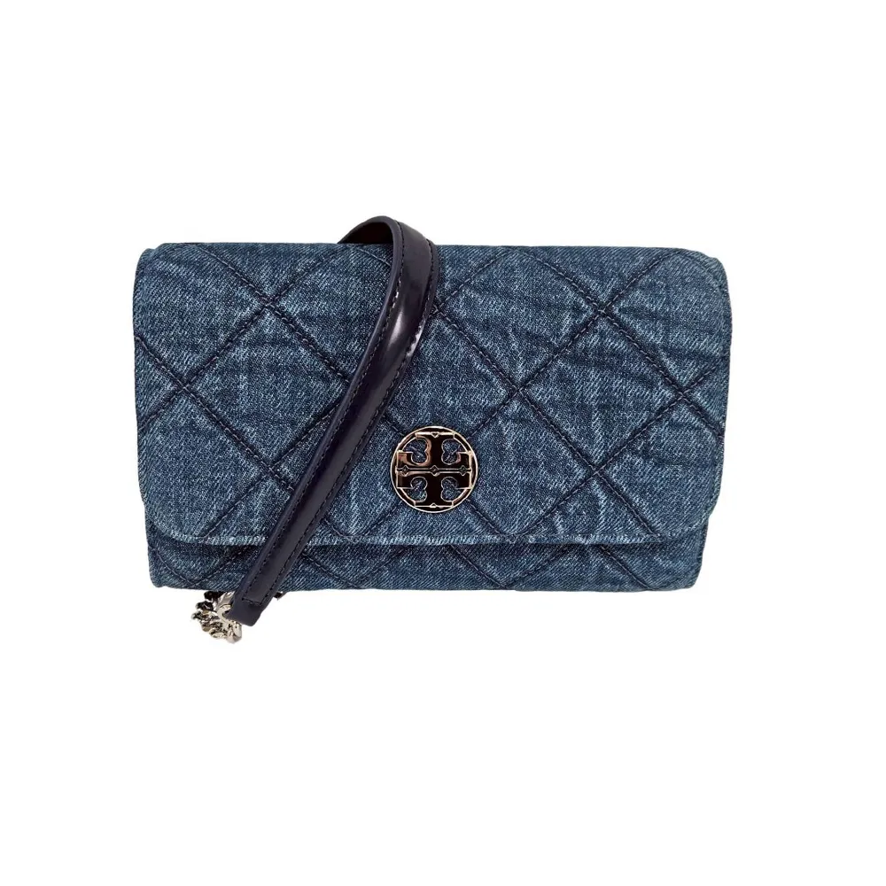 【TORY BURCH】TORY BURCH TB 小香風中號大LOGO牛仔單寧菱格紋WOC(贈原廠防塵袋紙袋)