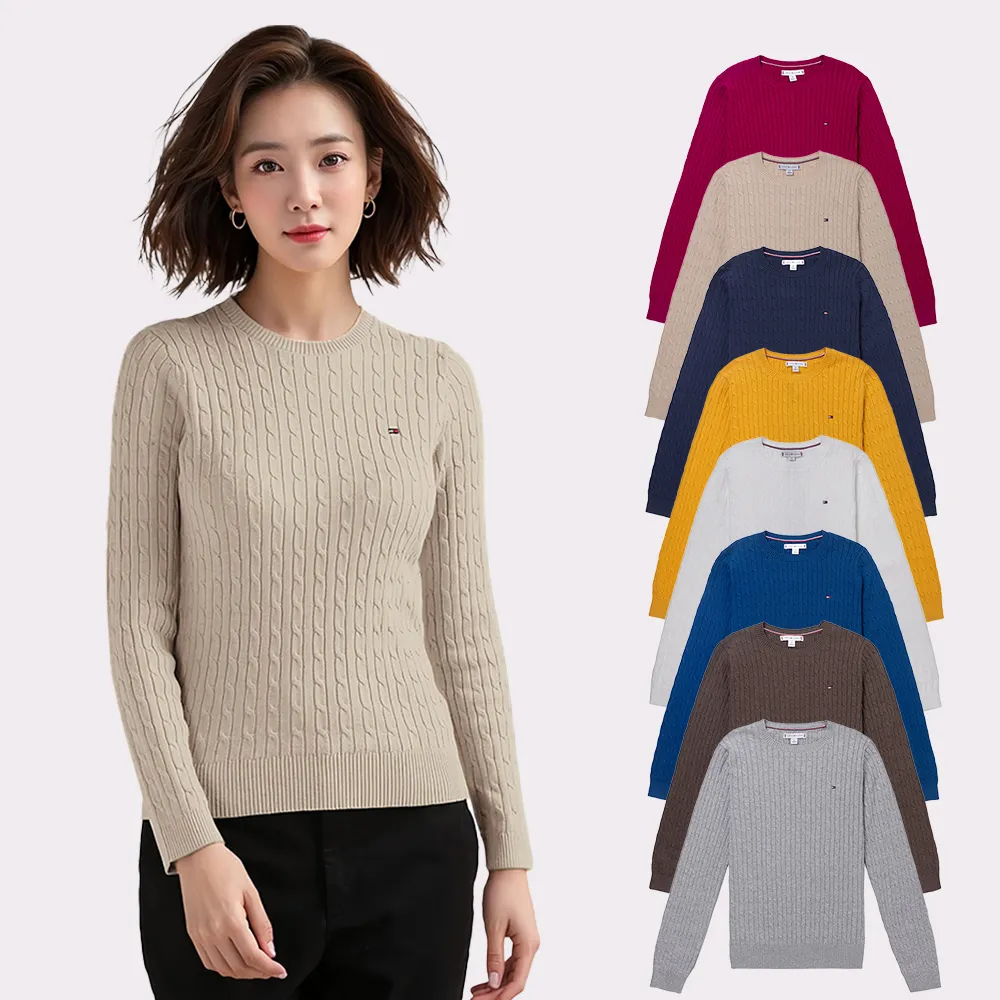 【TOMMY HILFIGER】TOMMY 經典圓領刺繡小LOGO麻花針織毛衣 上衣-女-多色選(平輸品/秋冬保暖舒適)