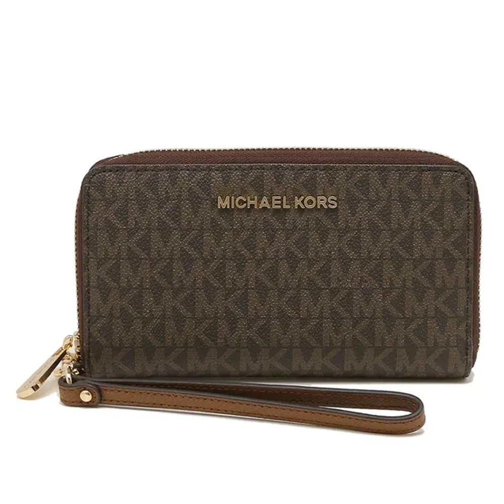 【Michael Kors】PVC老花防刮皮革手掛長夾-咖啡駝