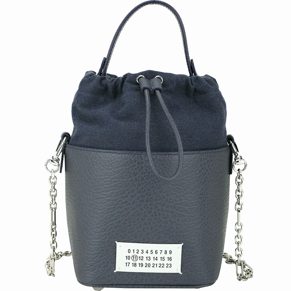 【MM6 MAISON MARGIELA】5AC 小款 粒面牛皮帆布束口水桶包-藍色 法國精品