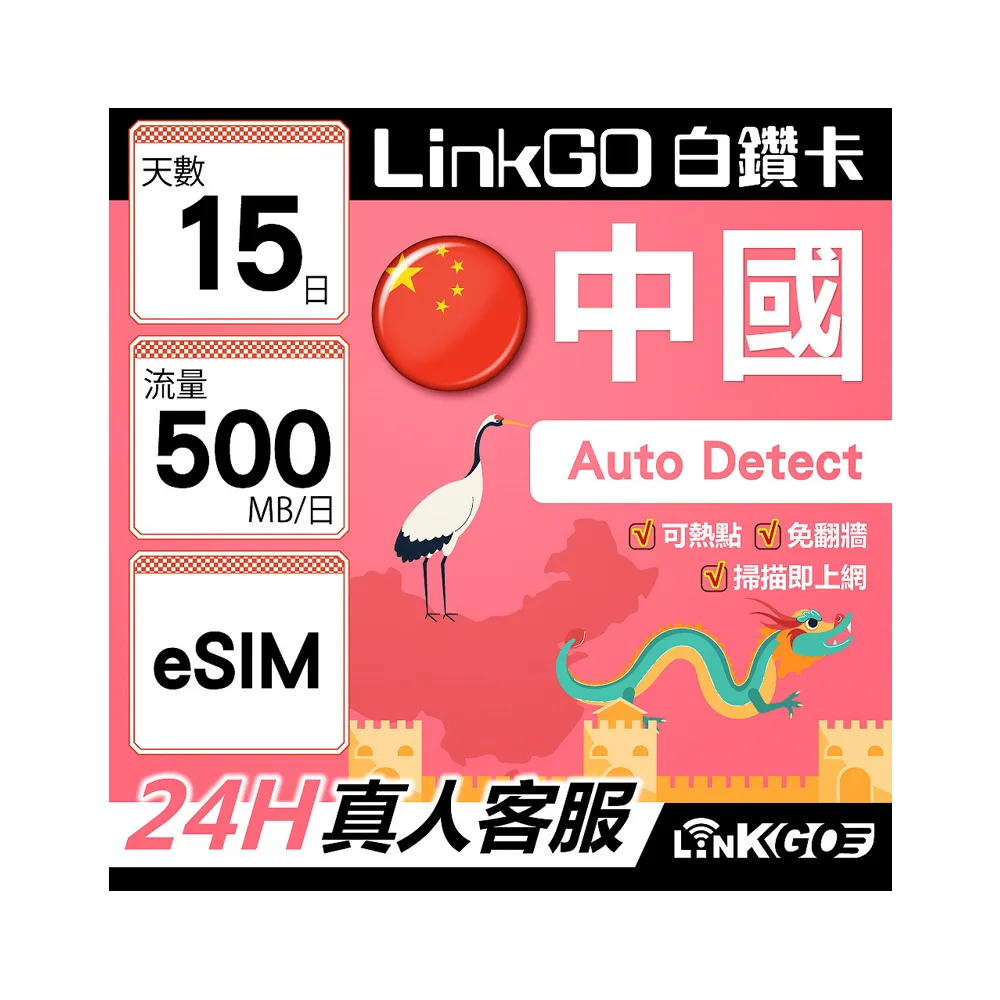 【LINKGO】白鑽卡 中國大陸 eSIM卡 15天上網 500MB/天 免翻牆支援LINE FaceBook(中國網卡 大陸 西藏 新疆)