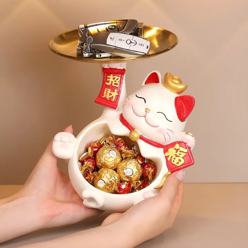 大肚招財貓托盤收納擺飾(玄關 鑰匙 桌上 新年裝飾 過年布置 開業禮物 送禮 一物多用 開運)