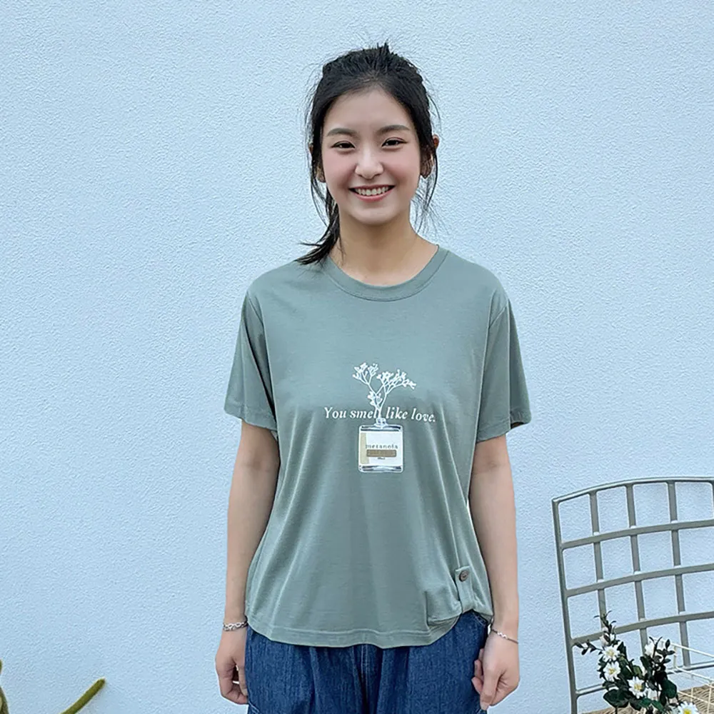 【Hana Mokuba】花木馬日系女裝圓領印花反摺造型上衣(T恤)
