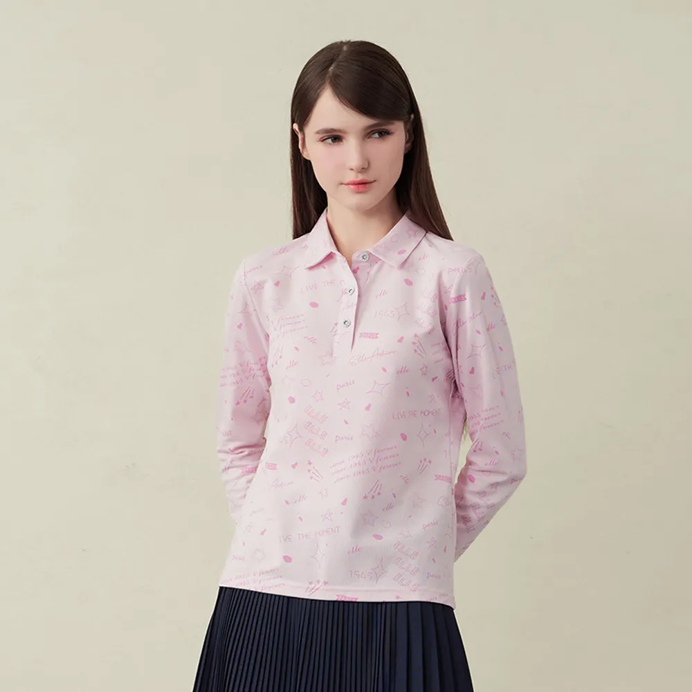 【ELLE ACTIVE】女款 法式滿版印花長袖polo衫-粉紅色(EA25A2W1402-72)