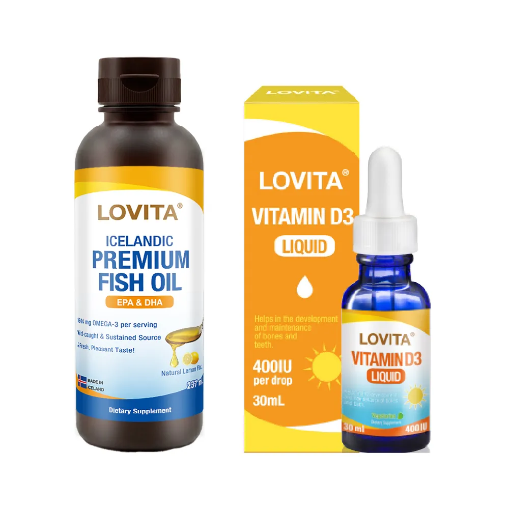 【LOVITA 愛維他】冰島優質液態魚油+成人D3滴液*1瓶組 (237ml+30ml)