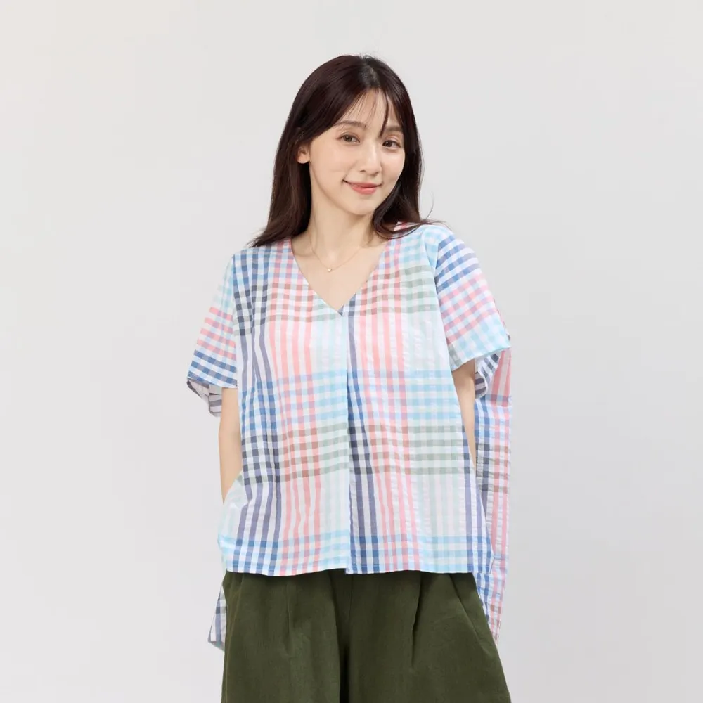 【so that’s me 好我】Vicky夏日V領棉質寬上衣(彩格紋)