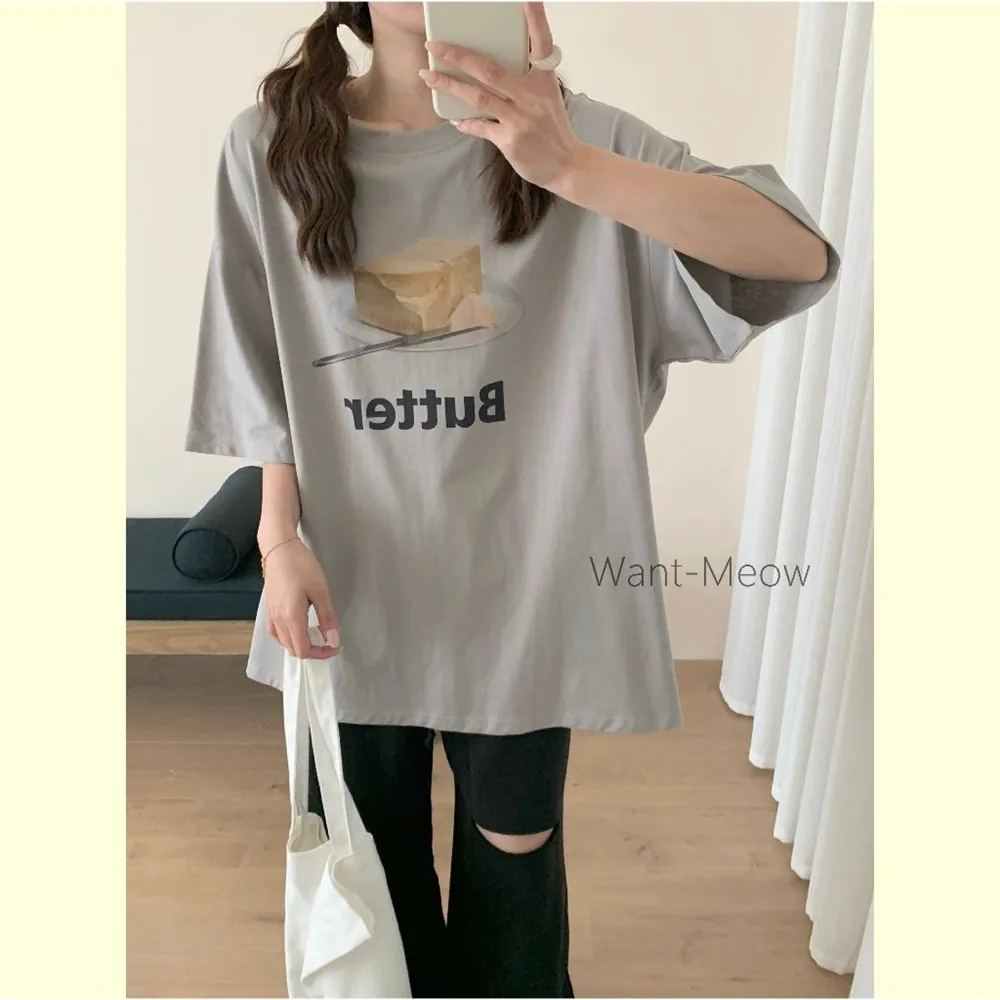 【Want-Meow】90公斤可穿/短袖日系奶油/寬鬆棉T大尺碼上衣大尺碼T恤(大碼/大尺碼/加大碼)