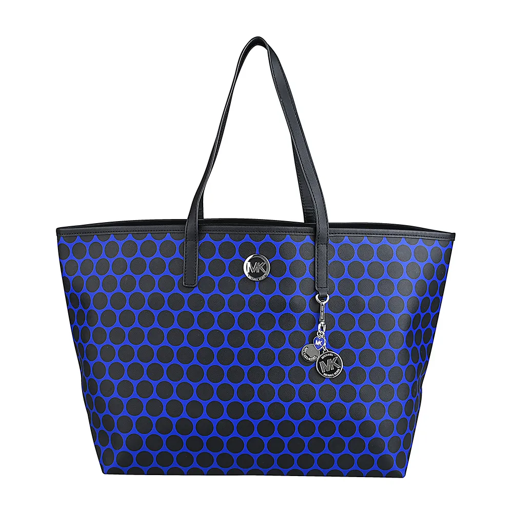 【Michael Kors】MICHAEL KORS 波點PVC內搭尼龍肩背托特包(黑x藍寶石藍)