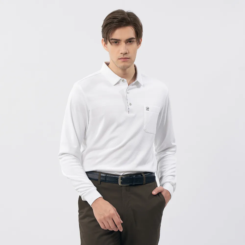 【pierre cardin 皮爾卡登】休閒服飾 男款 素色暗紋橫條長袖POLO衫-白色(5235206-90)