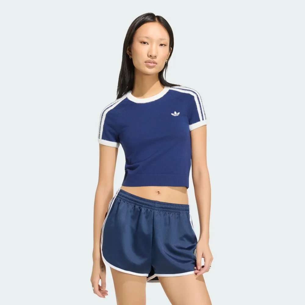 【adidas 愛迪達】短袖上衣 女 短版 三葉草 亞規 KNIT TEE 藍 KW2606