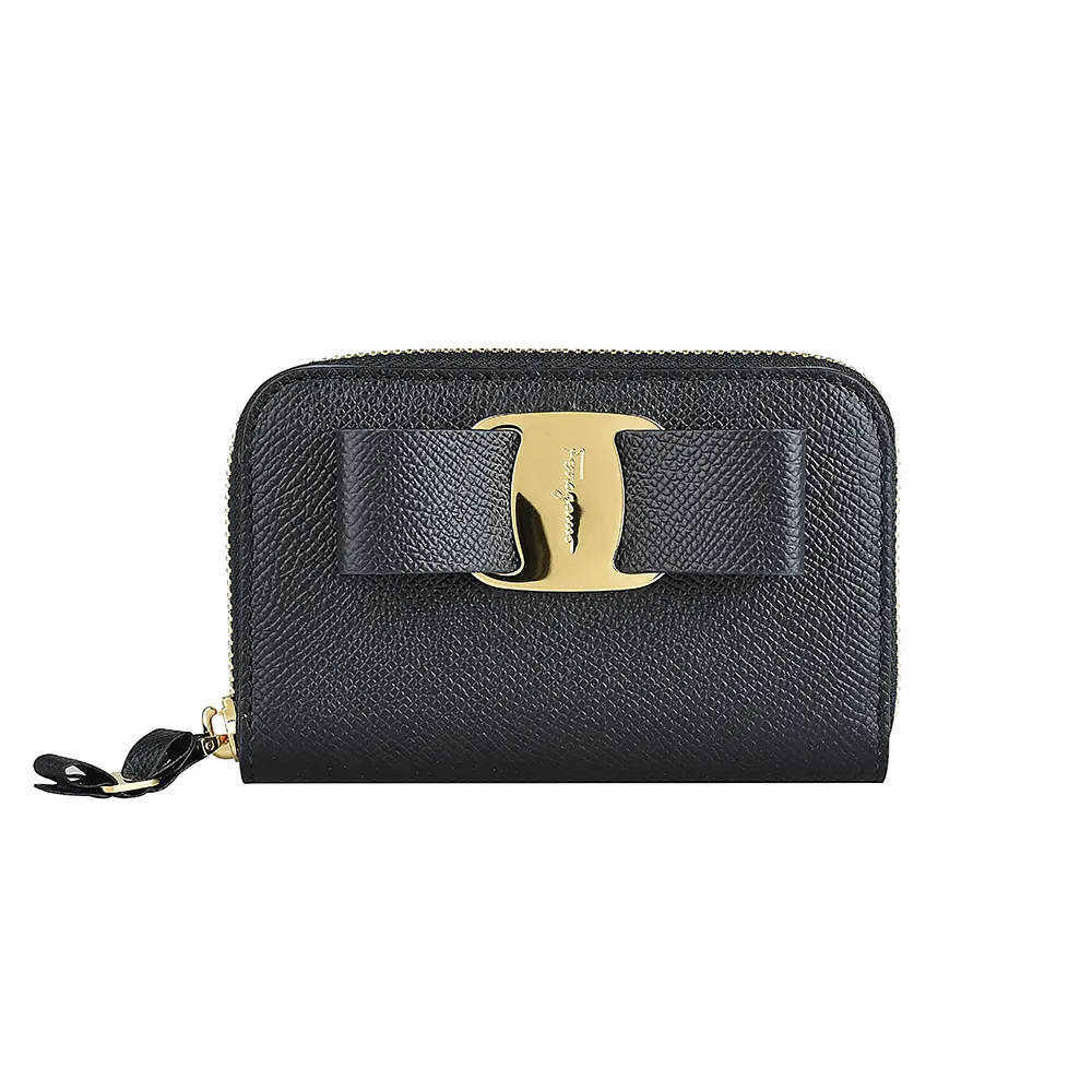 【Salvatore Ferragamo】VARA蝴蝶結設計金屬LOGO牛皮拉鍊零錢名片包(黑)