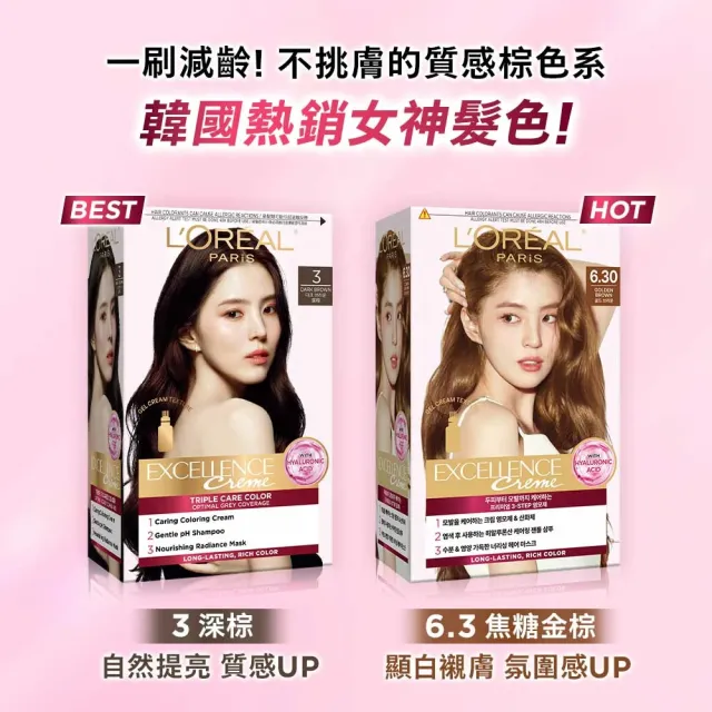 【L’OREAL Paris 巴黎萊雅】優媚霜三重護髮染髮霜/雙管染髮霜2入-韓韶禧PICK/沙龍級染護/12週持久遮白
