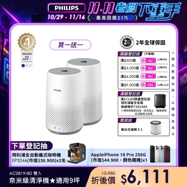 【Philips 飛利浦】買一送一 奈米級空氣清淨機 雙入組(AC0819)