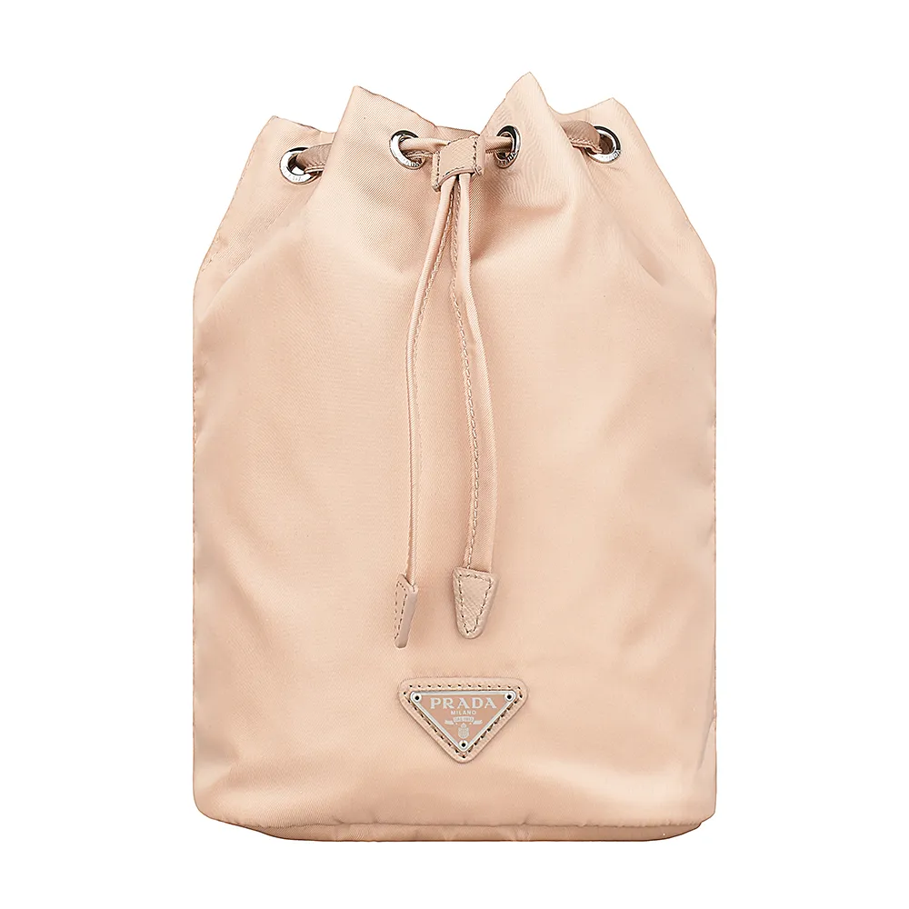 【PRADA 普拉達】PRADA三角銀牌LOGO束口尼龍手提化妝包(米)