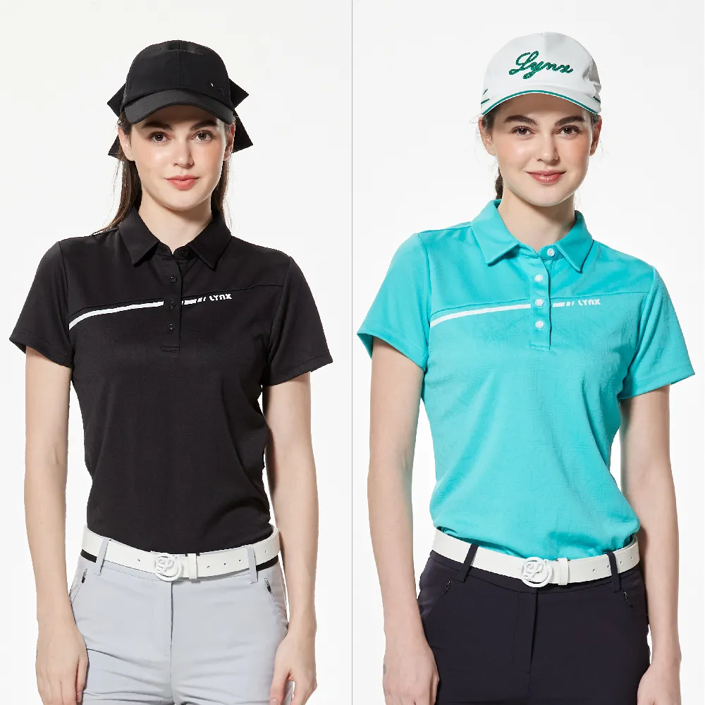 【Lynx Golf】女款合身版吸溼排汗Lynx字樣緹花工藝斜裁剪接配布造型短袖POLO衫/高爾夫球衫(二色)