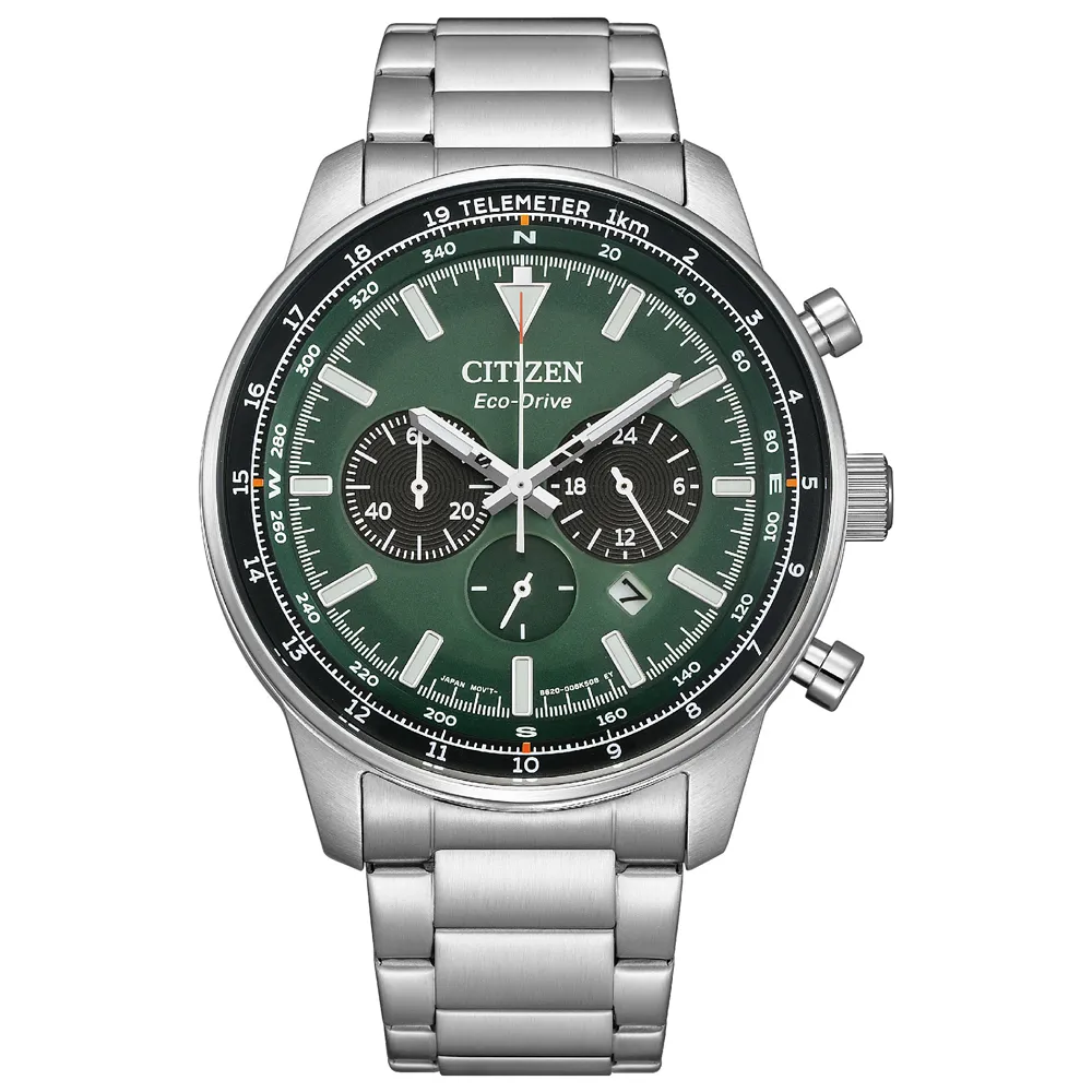【CITIZEN 星辰】潮流自信光動能石英錶競速計時男錶-綠x銀/44mm 雙11(CA4500-91X)送禮