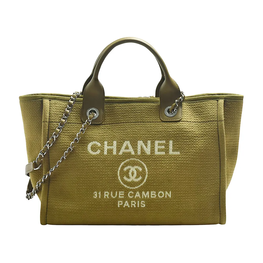 【CHANEL 香奈兒】經典雙C LOGO Deauville藤織帆布手提/肩背包(橄欖綠色)