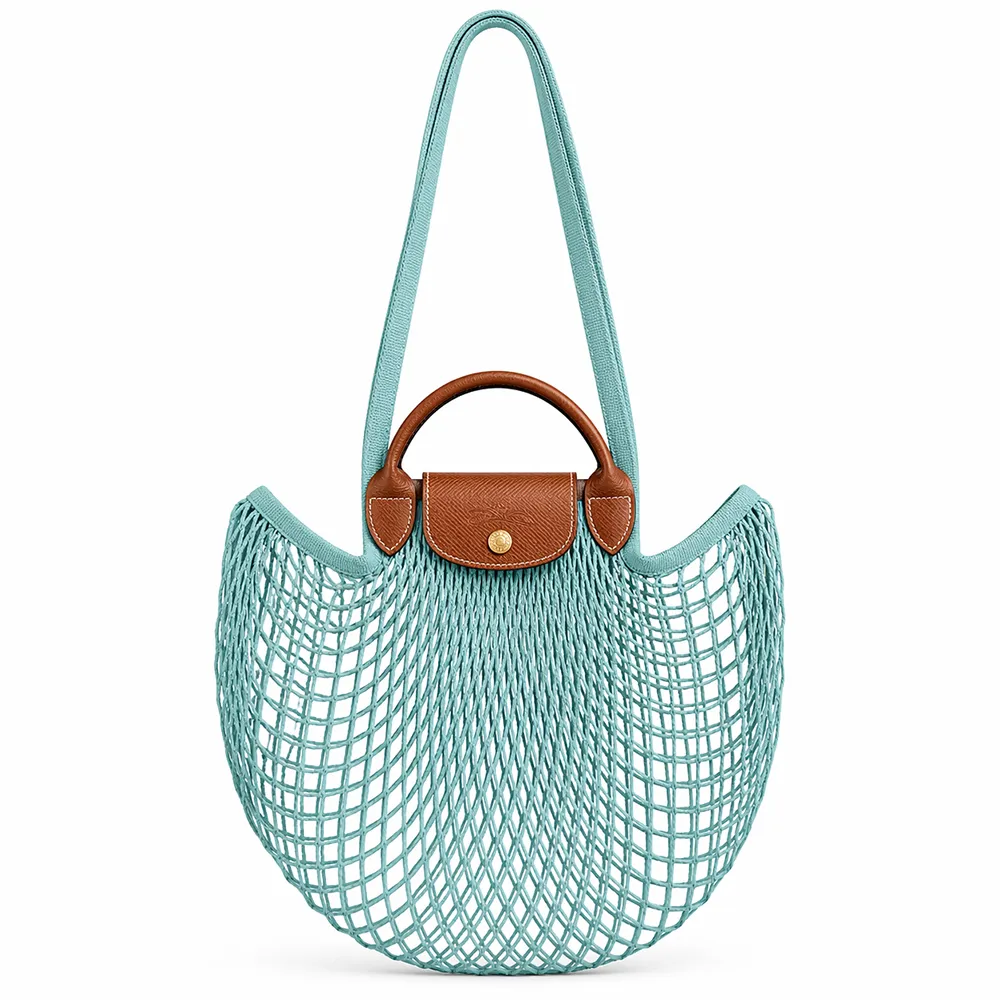 【LONGCHAMP】LE PLIAGE FILET系列網狀棉質手提/肩背兩用包(大/潟湖藍)