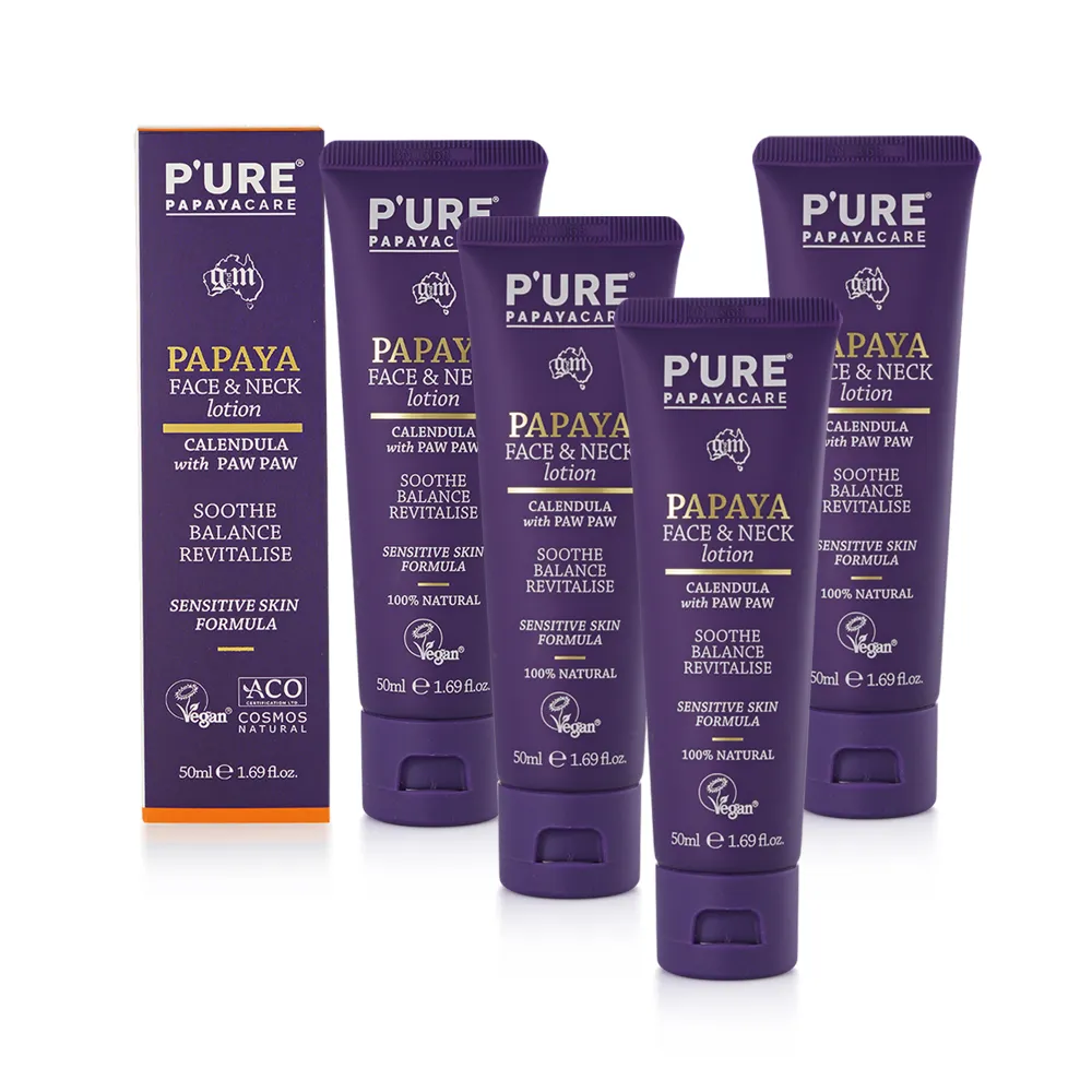 【澳洲 Pure Papayacare】木瓜臉頸乳液含金盞花玻尿酸(4入組 50ml/瓶 專業級)