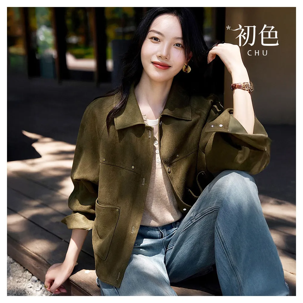 【初色】復古老錢風純色翻領七分袖單排釦雙口袋麂皮夾克外套女外套-共2色-16628(M-2XL可選)