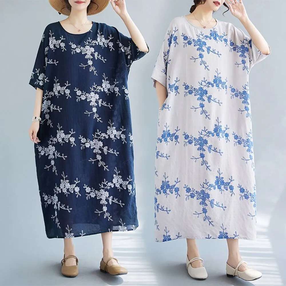 【漂亮小媽咪】夏日 短袖 印花 花朵 洋裝 長裙 中大尺碼 口袋 長洋裝 實