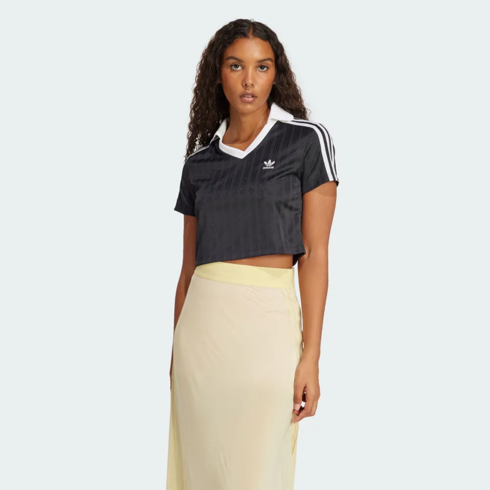 【adidas 愛迪達】V-neck Polo 女 Polo衫 短版 運動上衣 休閒短袖 黑 白 亞版(JD2606)