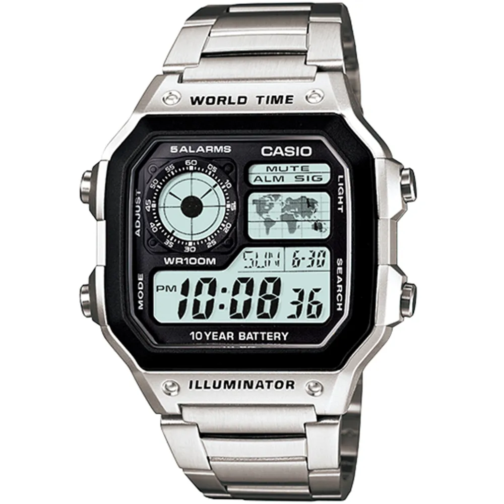 【CASIO 卡西歐】世界地圖10年電力電子錶 雙11 送禮(AE-1200WHD-1A)