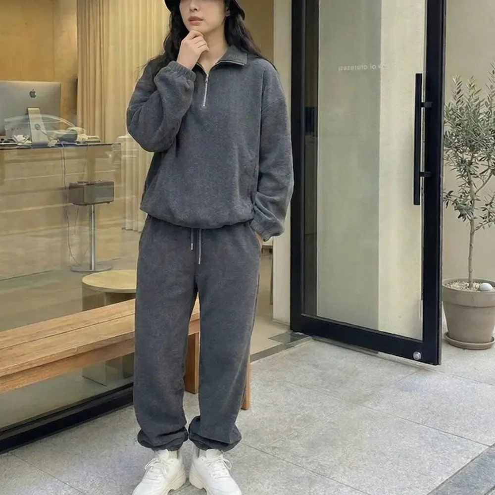 【SeasonsBikini】正韓製舒適厚款拉鍊抽繩上衣/縮口長褲-KK102(正韓運動套裝冬天套裝)