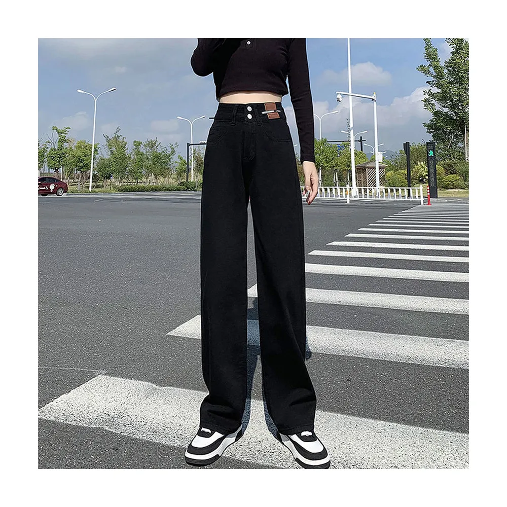【HanVo】現貨 雙扣高腰直筒牛仔褲長褲(硬挺有型寬鬆顯瘦長褲 女生長褲 A04-2612)